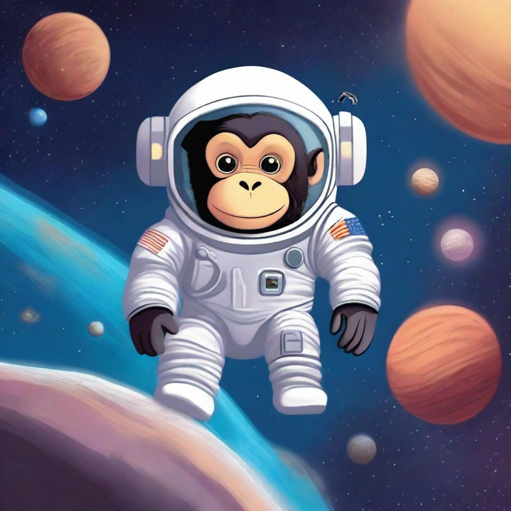 A chimpanzee named Bean Michael floating in space, wearing an astronaut suit