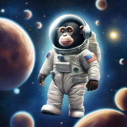 A chimpanzee named Bean Michael floating in space, wearing an astronaut suit