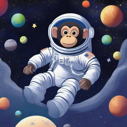 A chimpanzee named Bean Michael floating in space, wearing an astronaut suit