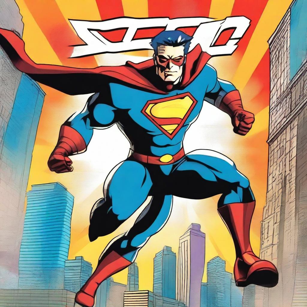 Create a vibrant and dynamic comic book cover featuring a superhero in action