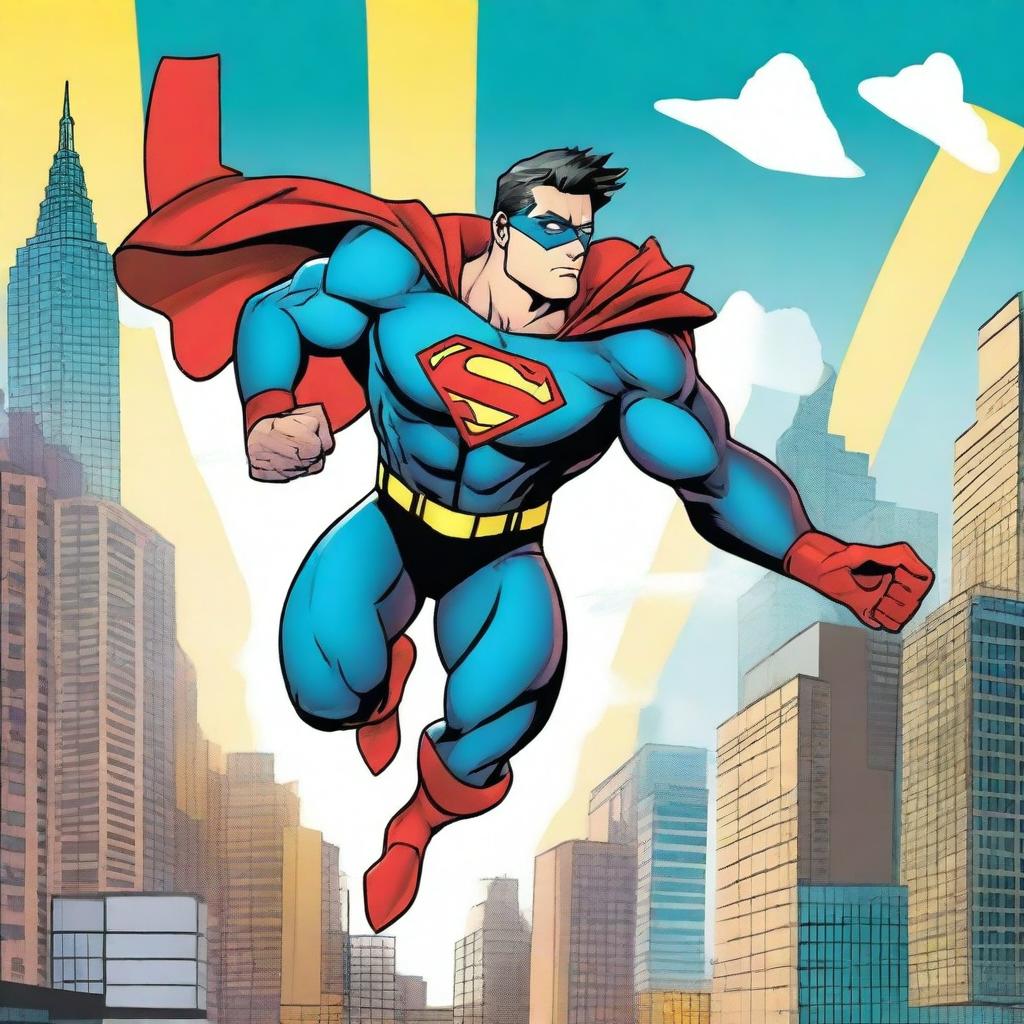 Create a vibrant and dynamic comic book cover featuring a superhero in action