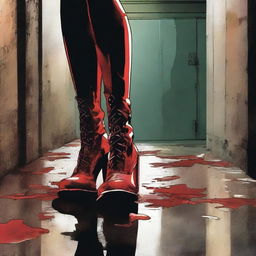 Create a comic book cover featuring blood-stained high heel boots of a superhero laying on the floor in the foreground of a dark, dimly lit industrial hallway