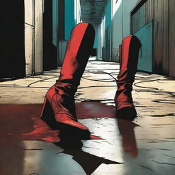 Create a comic book cover featuring blood-stained high heel boots of a superhero laying on the floor in the foreground of a dark, dimly lit industrial hallway