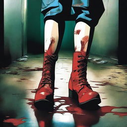 Create a comic book cover featuring blood-stained high heel boots of a superhero laying on the floor in the foreground of a dark, dimly lit industrial hallway