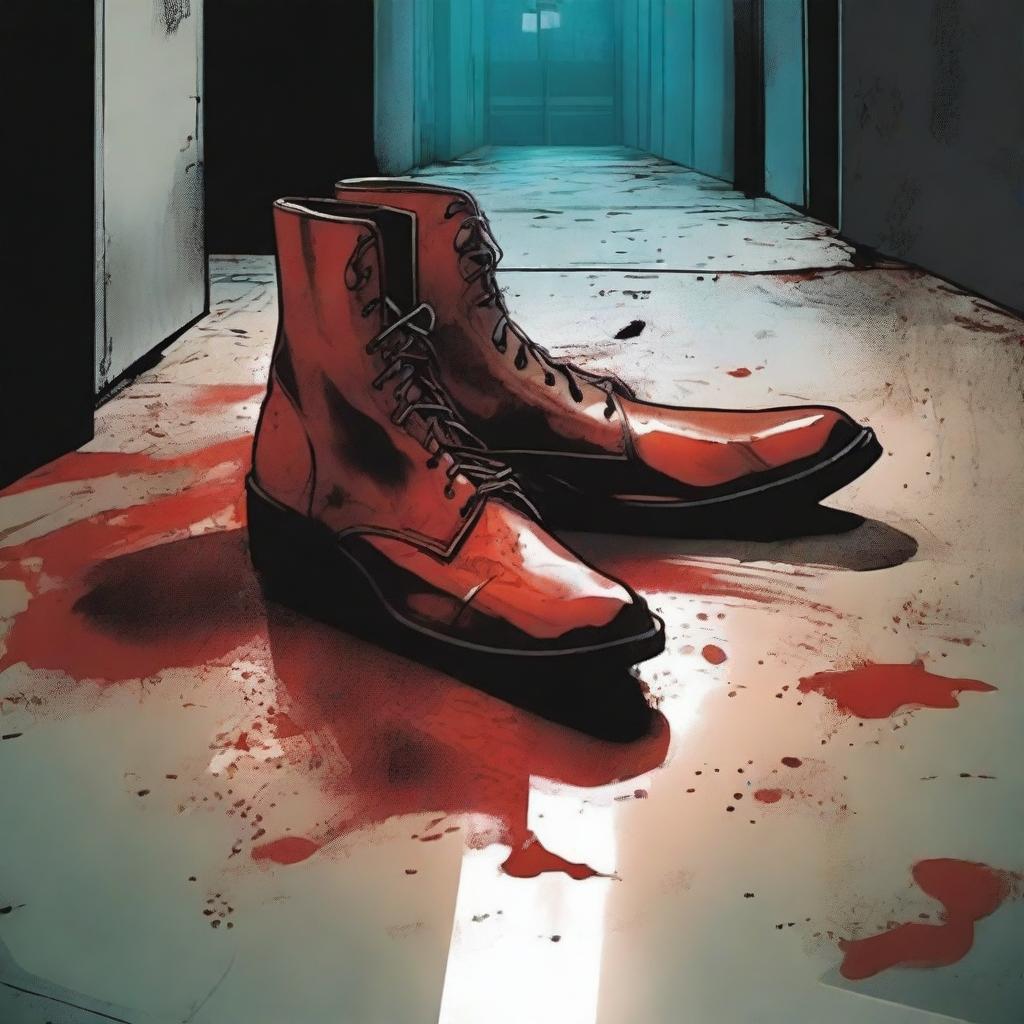 Create a comic book cover featuring blood-stained high heel boots of a superhero laying on the floor in the foreground of a dark, dimly lit industrial hallway