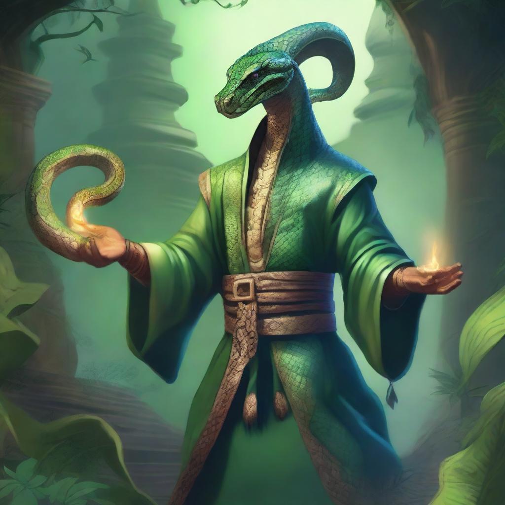 A detailed illustration of a Yuan-ti sorcerer, a snake-like humanoid creature with scales and serpentine features, casting a powerful spell