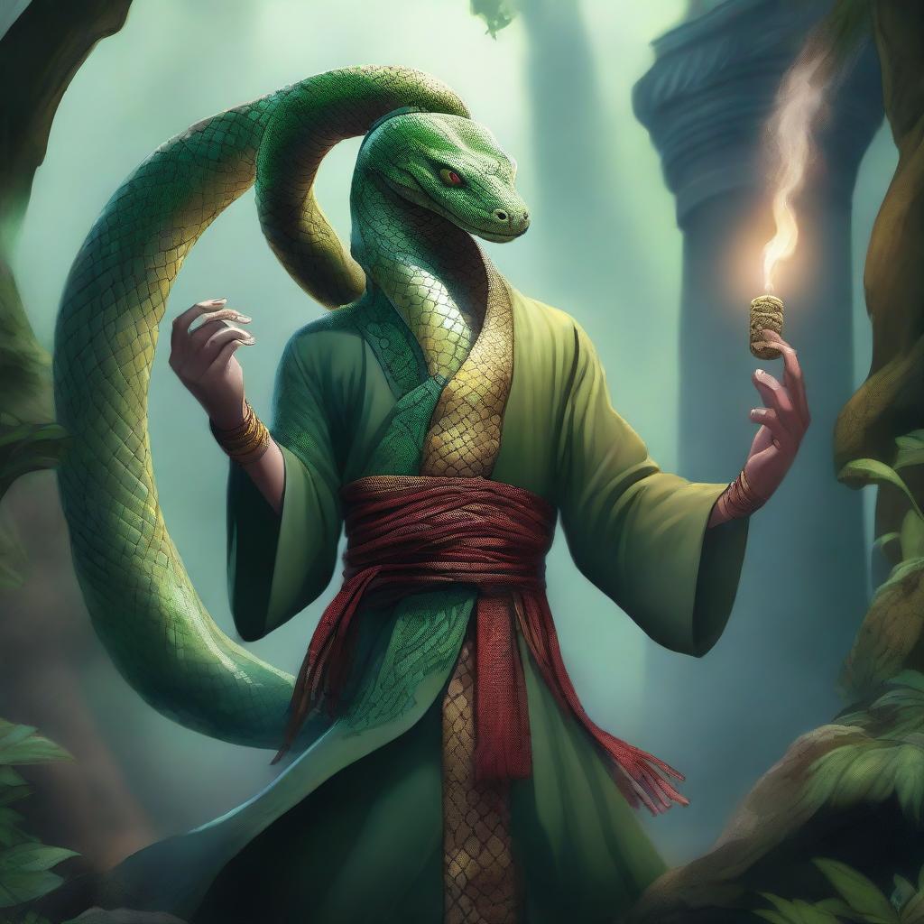 A detailed illustration of a Yuan-ti sorcerer, a snake-like humanoid creature with scales and serpentine features, casting a powerful spell