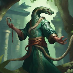 A detailed illustration of a Yuan-ti sorcerer, a snake-like humanoid creature with scales and serpentine features, casting a powerful spell