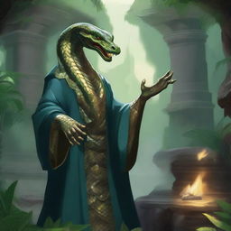 A detailed illustration of a Yuan-ti sorcerer, a snake-like humanoid creature with scales and serpentine features, casting a powerful spell