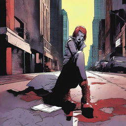 Create a comic book cover featuring blood-stained high heel boots of a female superhero laying on the floor in the foreground of a dark, dimly lit city street