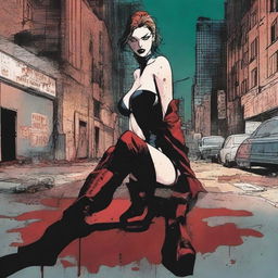 Create a comic book cover featuring blood-stained high heel boots of a female superhero laying on the floor in the foreground of a dark, dimly lit city street