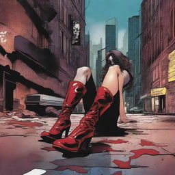 Create a comic book cover featuring blood-stained high heel boots of a female superhero laying on the floor in the foreground of a dark, dimly lit city street