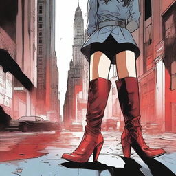 Create a comic book cover featuring blood-stained high heel boots of a female superhero laying on the floor in the foreground of a dark, dimly lit city street