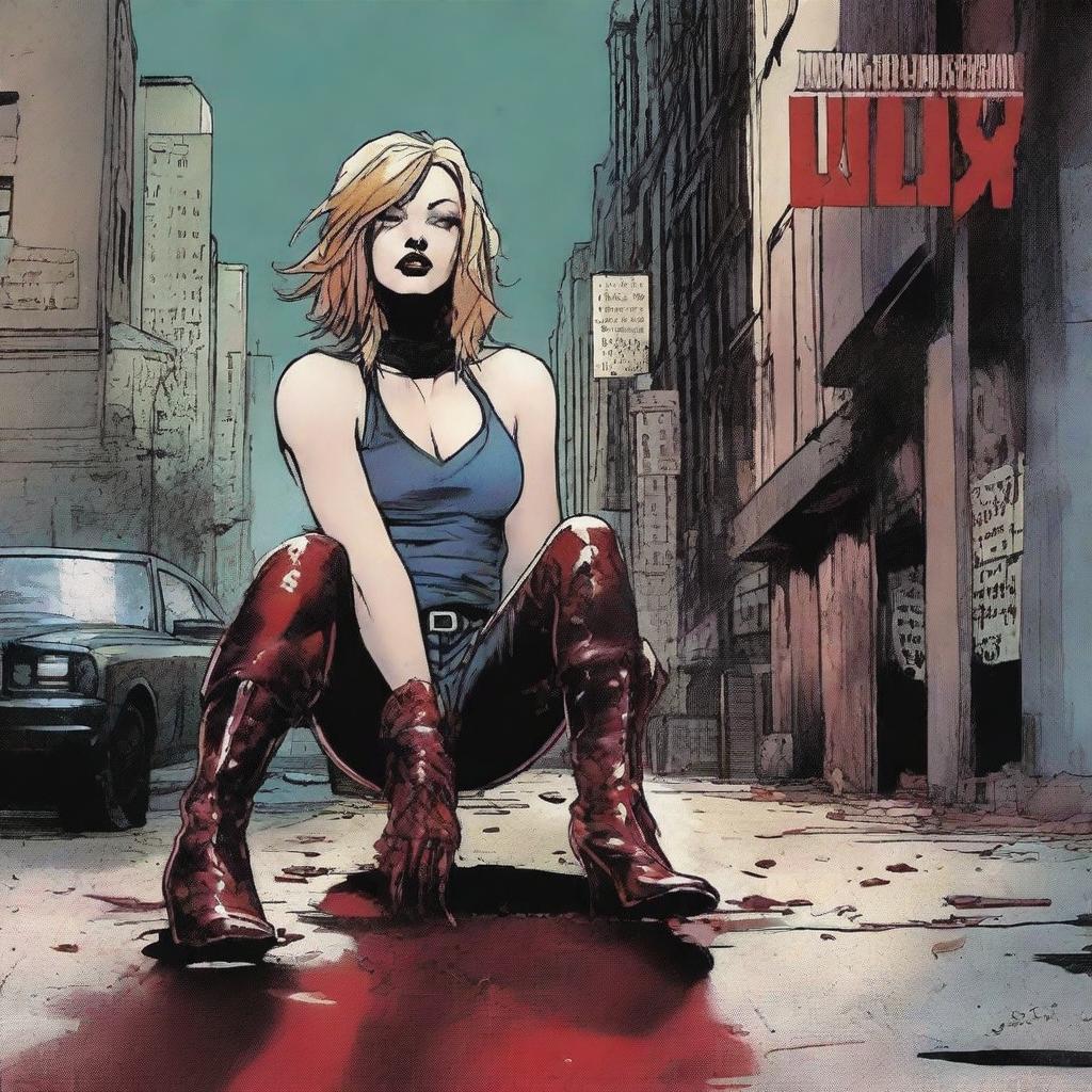 Create a comic book cover featuring blood-stained spiked high heel boots of a female superhero laying on the floor in the foreground of a dark, dimly lit city street