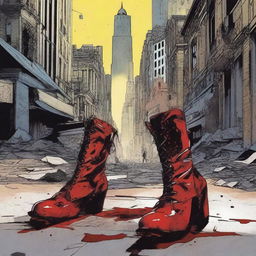 Create a comic book cover featuring blood-stained spiked high heel boots of a female superhero laying on the floor in the foreground of a dark, dimly lit city street