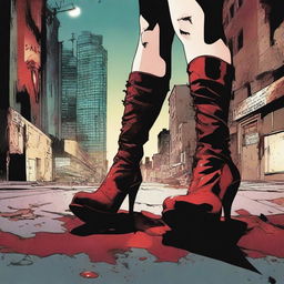 Create a comic book cover featuring blood-stained spiked high heel boots of a female superhero laying on the floor in the foreground of a dark, dimly lit city street