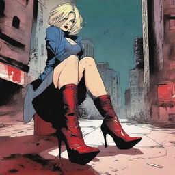 Create a comic book cover featuring blood-stained spiked high heel boots of a female superhero laying on the floor in the foreground of a dark, dimly lit city street