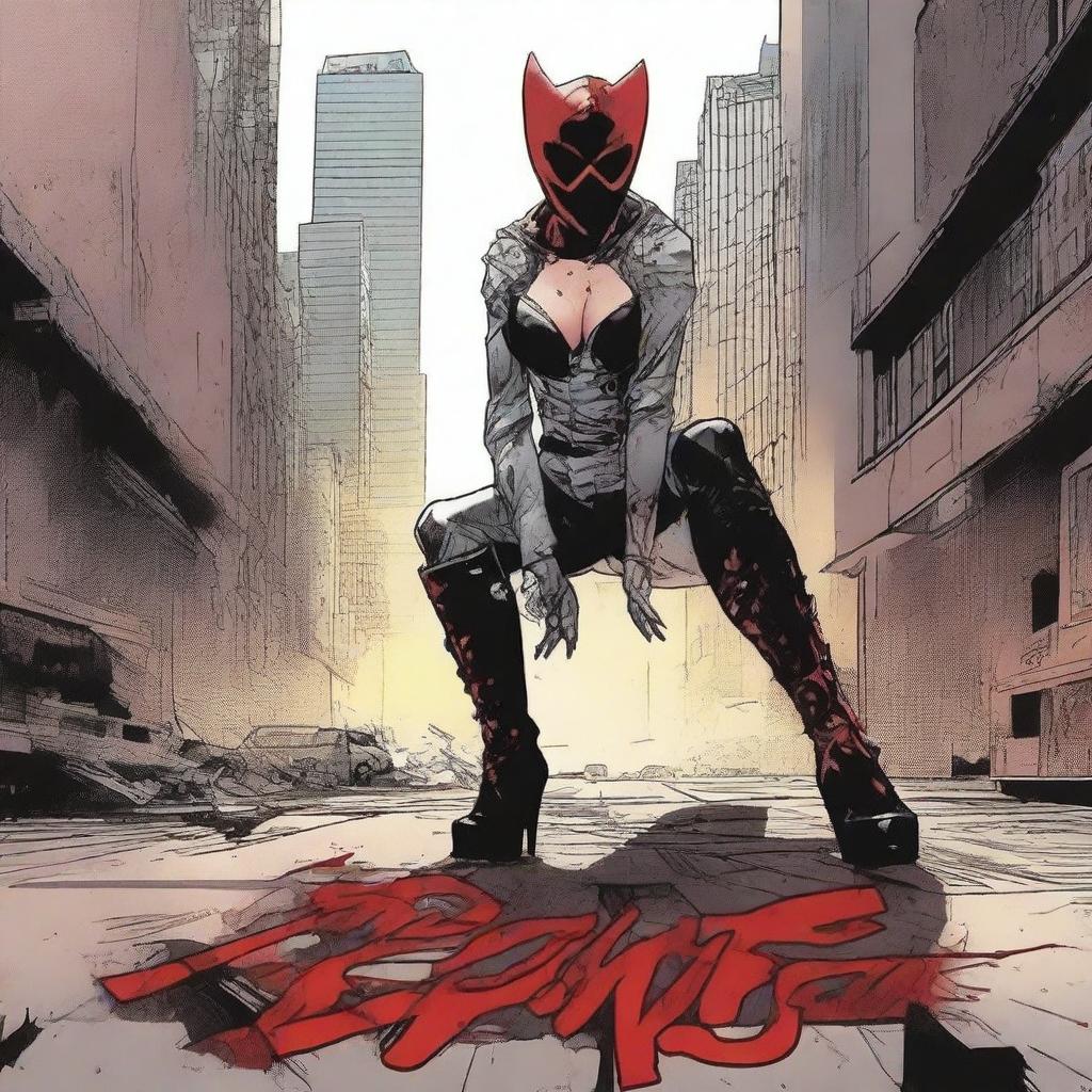 Create a comic book cover featuring blood-stained spiked high heel boots of a masked female villain laying on the floor in the foreground of a dark, dimly lit city street