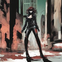 Create a comic book cover featuring blood-stained spiked high heel boots of a masked female villain laying on the floor in the foreground of a dark, dimly lit city street