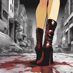 Create a comic book cover featuring blood-stained spiked high heel boots of a masked female villain laying on the floor in the foreground of a dark, dimly lit city street