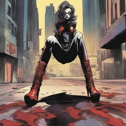 Create a comic book cover featuring blood-stained spiked high heel boots of a masked female villain laying on the floor in the foreground of a dark, dimly lit city street