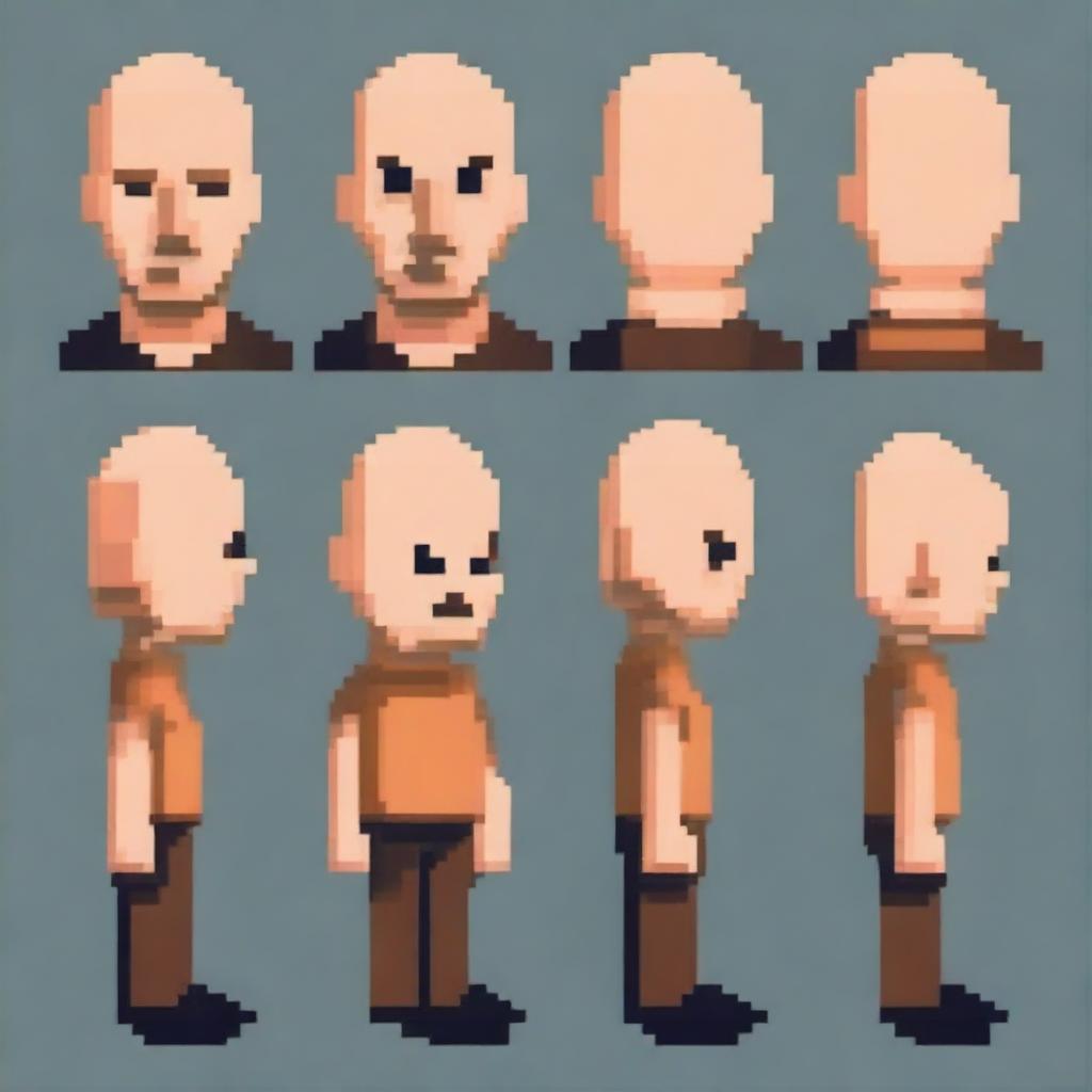 Create an image of a pixelated bald man shown from different angles