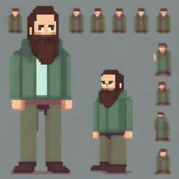 Create an image of a pixelated homeless man with a beard, shown from different angles