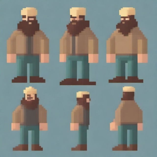 Create an image of a pixelated homeless man with a beard, shown from different angles