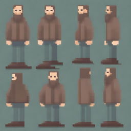 Create an image of a pixelated homeless man with a beard, shown from different angles