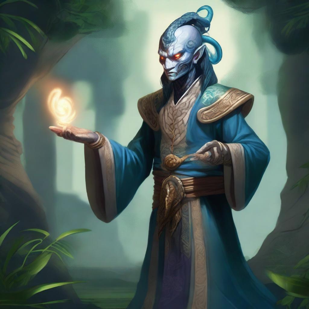 A detailed illustration of a Yuan-ti human sorcerer, a humanoid with subtle snake-like features such as scales and slit-like eyes, casting a powerful spell