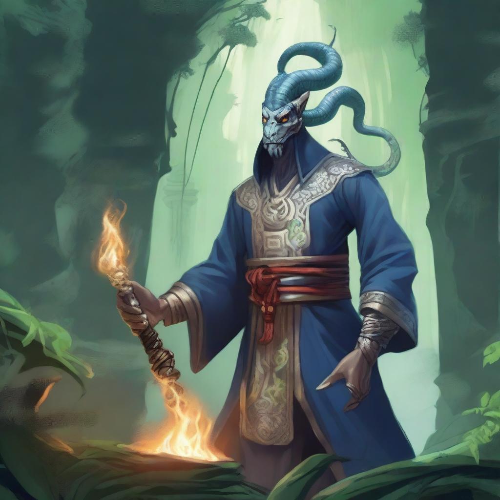 A detailed illustration of a Yuan-ti human sorcerer, a humanoid with subtle snake-like features such as scales and slit-like eyes, casting a powerful spell