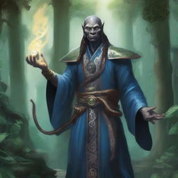 A detailed illustration of a Yuan-ti human sorcerer, a humanoid with subtle snake-like features such as scales and slit-like eyes, casting a powerful spell