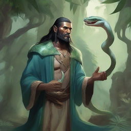 A detailed illustration of a human sorcerer with snake-like features such as scales, slit-like eyes, and elongated fangs