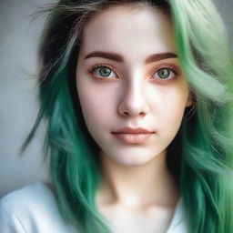 A portrait of a girl with brown eyes and green hair