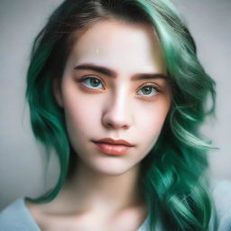 A portrait of a girl with brown eyes and green hair