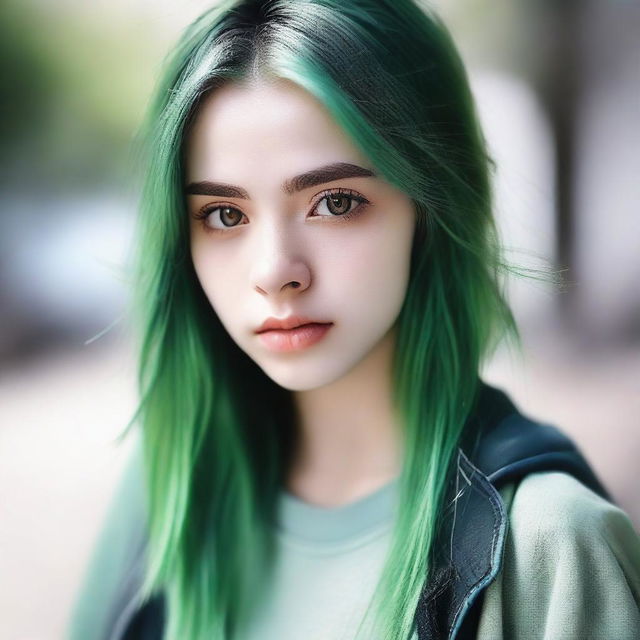 A portrait of a girl with brown eyes and green hair