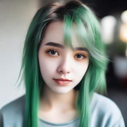 A portrait of a girl with brown eyes and green hair