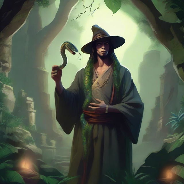 A detailed illustration of a human sorcerer with snake eyes and a forked tongue