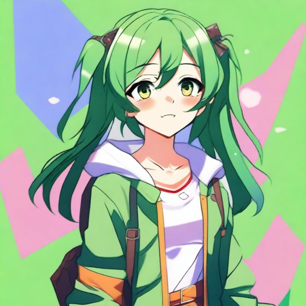 A detailed illustration of an anime girl with brown eyes and green hair