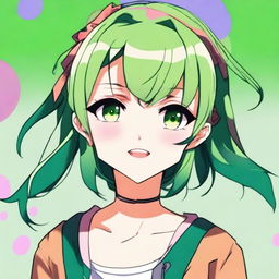 A detailed illustration of an anime girl with brown eyes and green hair