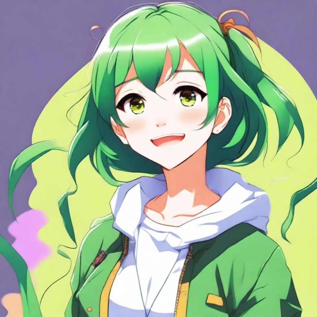 A detailed illustration of an anime girl with brown eyes and green hair