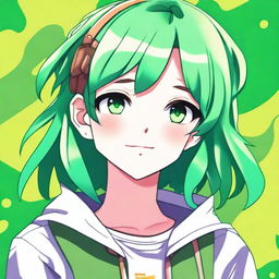 A detailed illustration of an anime girl with brown eyes and green hair