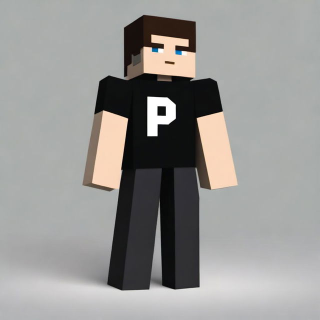 Create a Minecraft character wearing casual black clothing in a realistic, high-definition background