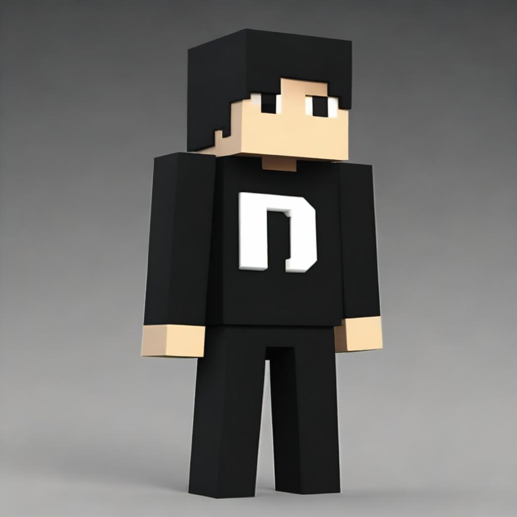 Create a Minecraft character wearing casual black clothing in a realistic, ultra HD, high-quality background