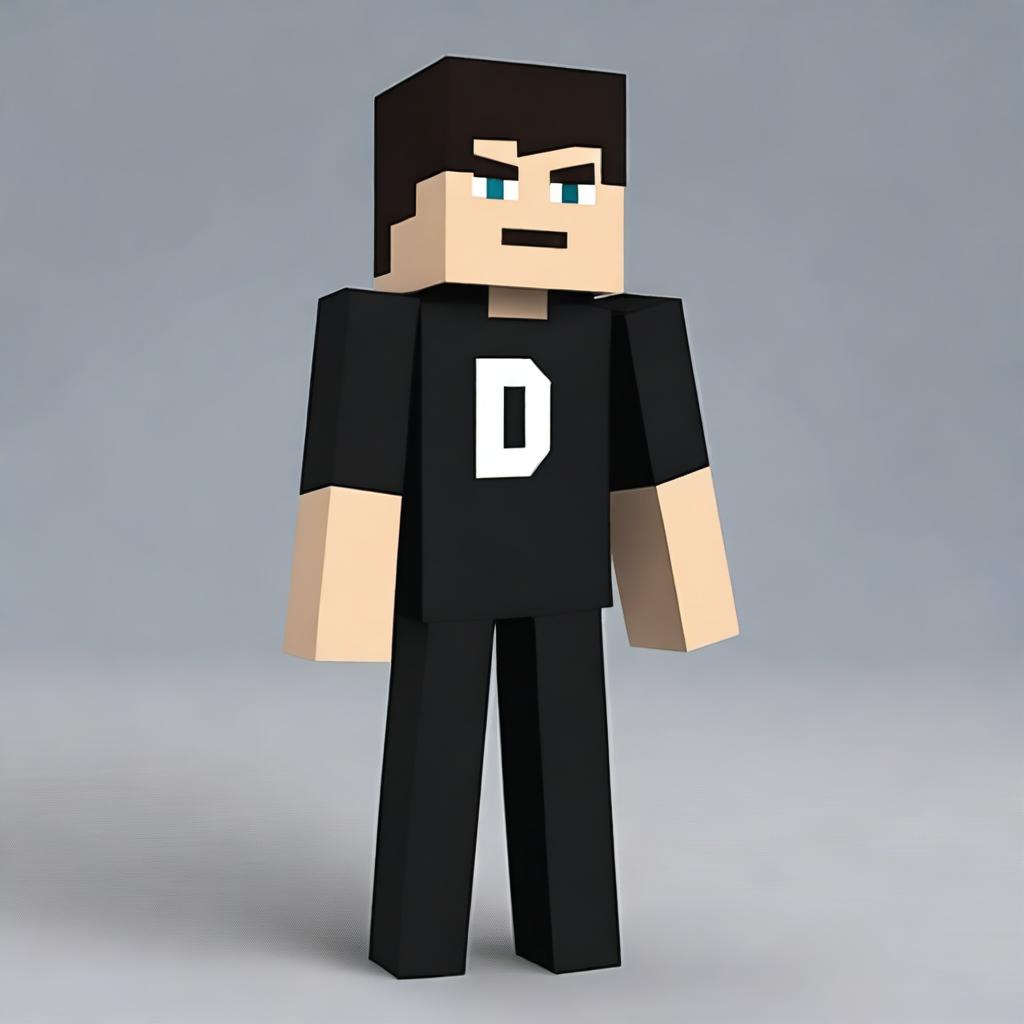 Create a realistic Minecraft character wearing casual black clothing with a realistic, ultra HD, high-quality background