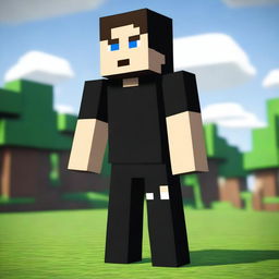 Create a realistic Minecraft character wearing casual black clothing with a realistic, ultra HD, high-quality background