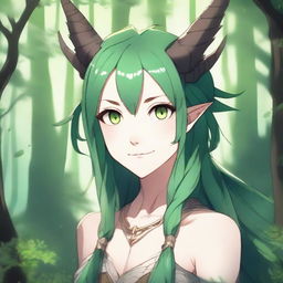 A detailed anime-style illustration of a dragon-girl with brown eyes and green hair