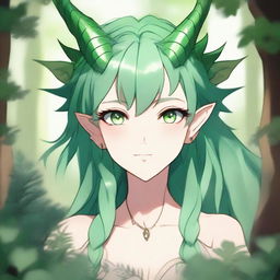 A detailed anime-style illustration of a dragon-girl with brown eyes and green hair