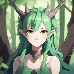 A detailed anime-style illustration of a dragon-girl with brown eyes and green hair