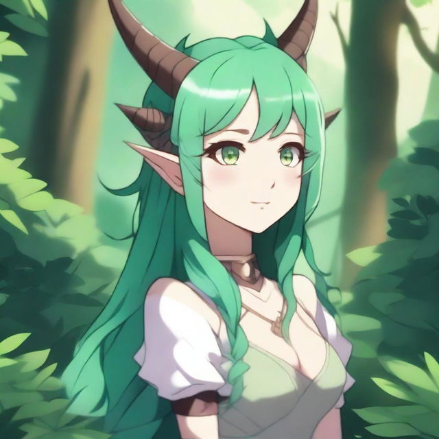 A detailed anime-style illustration of a dragon-girl with brown eyes and green hair